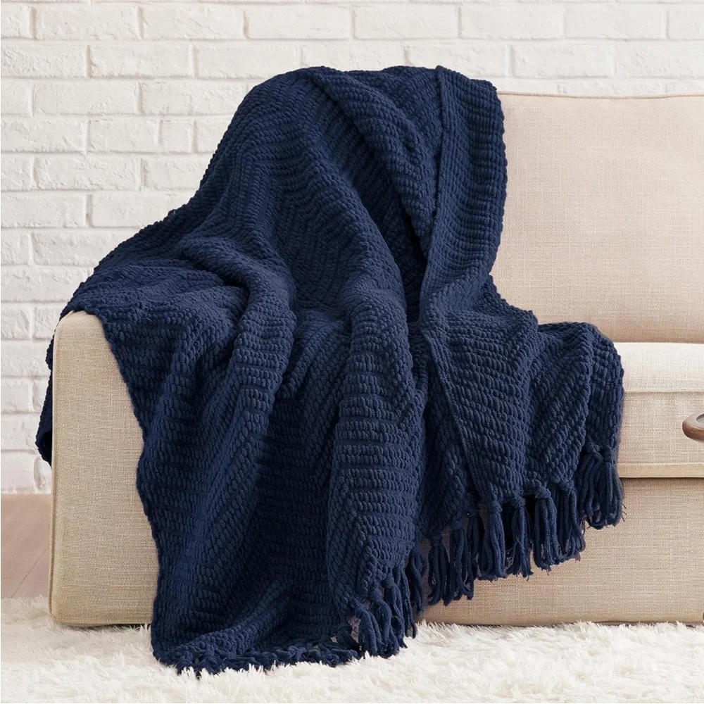 West Elm Navy Blue Fringe Warm Cute Chevron Luxury Fashionable Gift Soft Blanket
